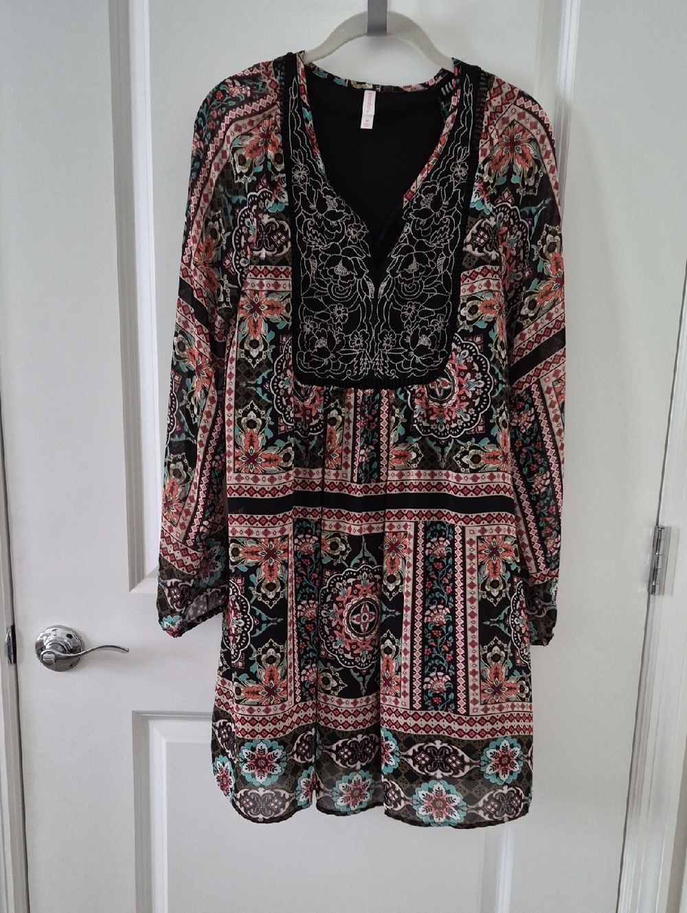 Xhilaration Black Boho Floral Tunic Dress with Teal and Rust Accents